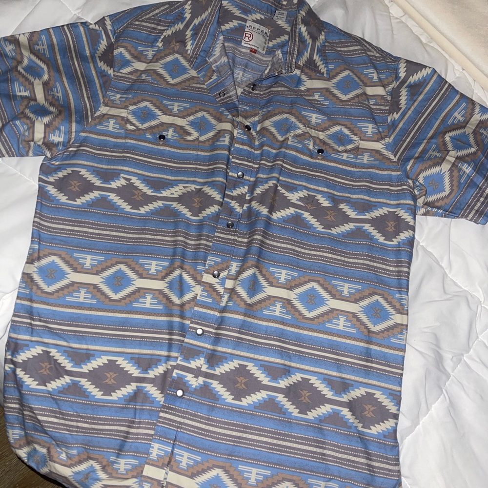 Roper Blue and Brown Casual Button Down Shirt with Geometric Pattern